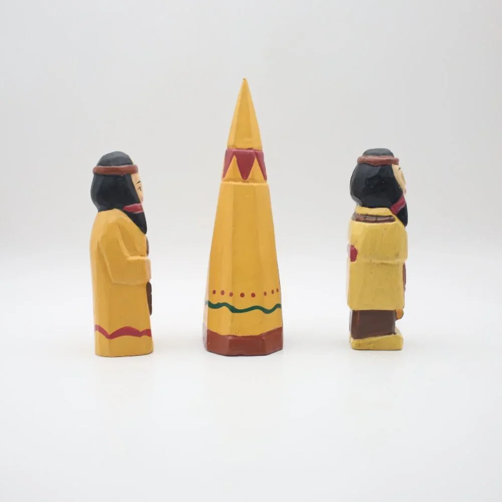Vintage 1970s Hand Carved Hand Painted Indian Man, Woman & Teepee
